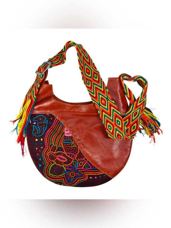 Handmade Handbags - Handmade Artisan Mola and Brown Leather Crescent Shoulder Bag Multicolor Strap